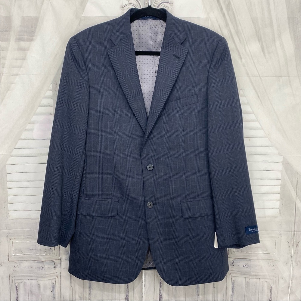Turnberry Size 40 Long 40L Navy Blue Plaid Wool Blend Sport Suit Coat Blazer NWT
